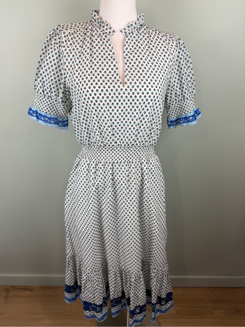 J.Crew Smocked Ruffle Dress in Cotton Voile,
White & Blue Smocked Waist Midi Sm